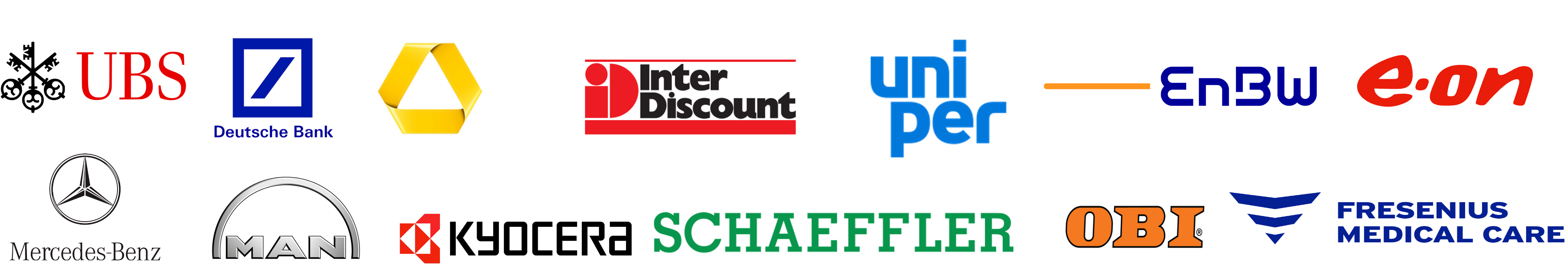 Kundenlogos: UBS, Deutsche Bank, Commerzbank, InterDiscount, Uniper, EnBW, e.on, Mercedes-Benz, MAN, Koenig & Bauer, Schaeffler, OBI, Fresenius Medical Care